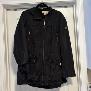 Michael Kors Black Hooded Rain Trench Coat with Gold Hardware